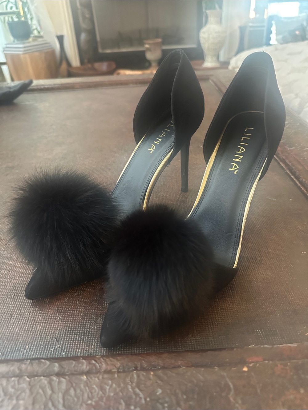 Liliana Black Pointed-Toe Pom-Pom Stiletto Heels